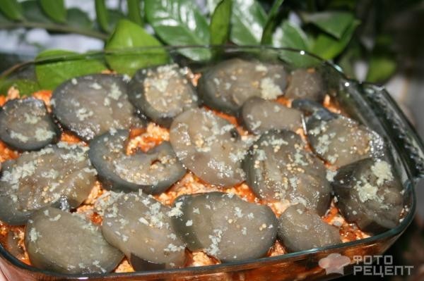 Рецепт: Греческая мусака - С маринованными баклажанами и фаршем из куриного филе Рецепт: Греческая мусака - С маринованными баклажанами и фаршем из куриного филе