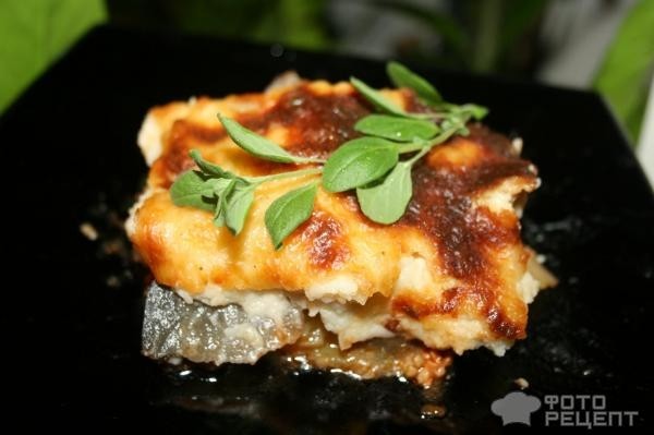 Рецепт: Греческая мусака - С маринованными баклажанами и фаршем из куриного филе Рецепт: Греческая мусака - С маринованными баклажанами и фаршем из куриного филе