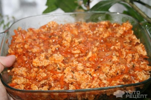 Рецепт: Греческая мусака - С маринованными баклажанами и фаршем из куриного филе Рецепт: Греческая мусака - С маринованными баклажанами и фаршем из куриного филе