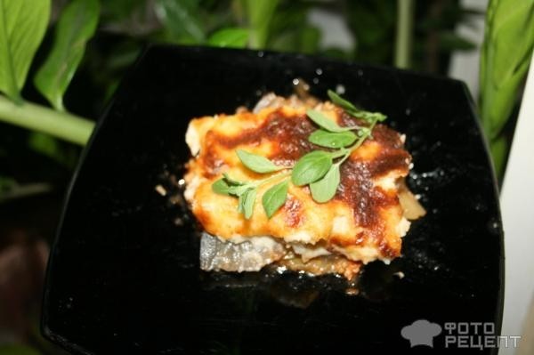 Рецепт: Греческая мусака - С маринованными баклажанами и фаршем из куриного филе Рецепт: Греческая мусака - С маринованными баклажанами и фаршем из куриного филе