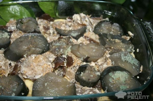 Рецепт: Греческая мусака - С маринованными баклажанами и фаршем из куриного филе Рецепт: Греческая мусака - С маринованными баклажанами и фаршем из куриного филе