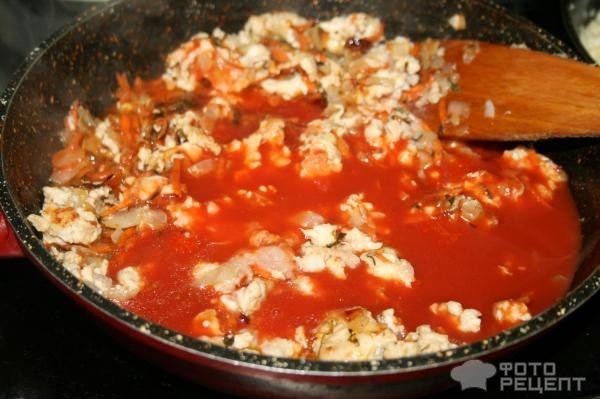 Рецепт: Греческая мусака - С маринованными баклажанами и фаршем из куриного филе Рецепт: Греческая мусака - С маринованными баклажанами и фаршем из куриного филе