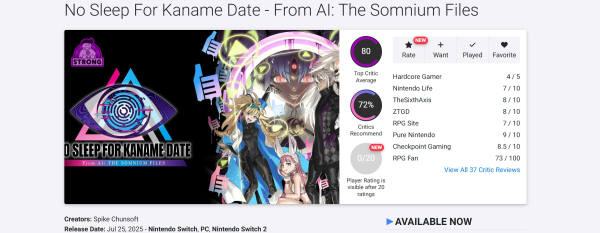
                «Отличный спинофф». No Sleep For Kaname Date - From AI: The Somnium Files понравилась прессе
            