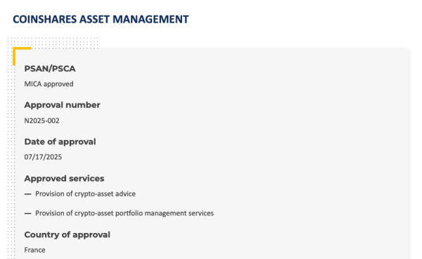 Coinshares обеспечивает лицензию MICA от французского регулятора AMF Coinshares обеспечивает лицензию MICA от французского регулятора AMF