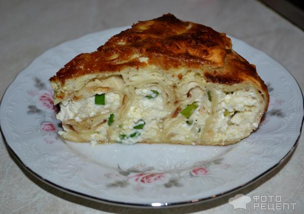 Рецепт: Пирог из лаваша с творогом - С зеленым луком, сметаной и пряностями Рецепт: Пирог из лаваша с творогом - С зеленым луком, сметаной и пряностями