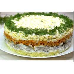 Рецепт: Салат "Слоеный с маринованными огурцами и шпротами" - С луково-морковной поджаркой Рецепт: Салат "Слоеный с маринованными огурцами и шпротами" - С луково-морковной поджаркой