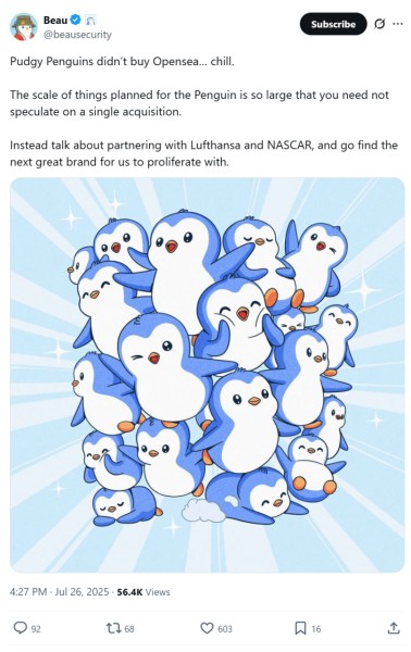 Pudgy Penguins отрицает сделку OpenSea, фокусируется на партнерских отношениях Pudgy Penguins отрицает сделку OpenSea, фокусируется на партнерских отношениях