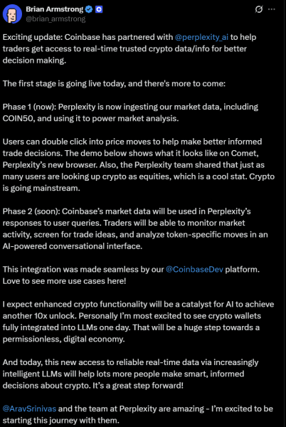 Coinbase партнеры с недоумением AI для интеграции рыночных данных Coinbase партнеры с недоумением AI для интеграции рыночных данных