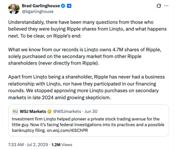 Акционер Ripple Linqto сталкивается с слушанием по банкротству Акционер Ripple Linqto сталкивается с слушанием по банкротству