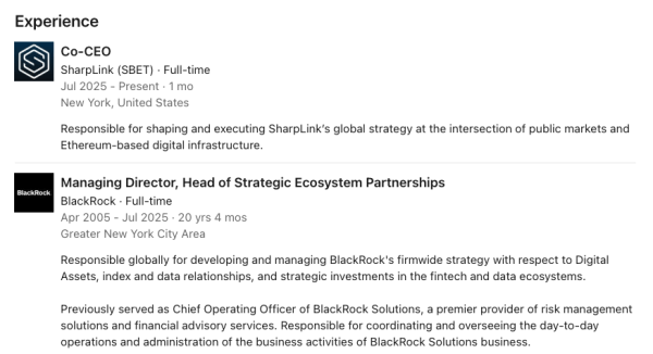 Sharplink нанимает ветерана BlackRock после 2B Bitmine Eth Buy Sharplink нанимает ветерана BlackRock после 2B Bitmine Eth Buy