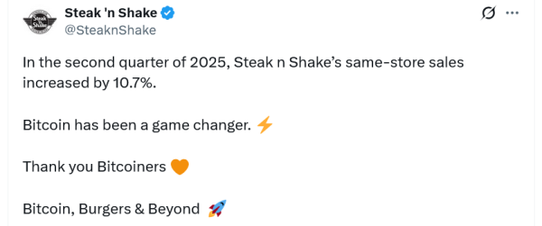 Steak ‘n Shake Cutrits Bitcoin для 11% продаж QOQ рост во втором квартале Steak ‘n Shake Cutrits Bitcoin для 11% продаж QOQ рост во втором квартале