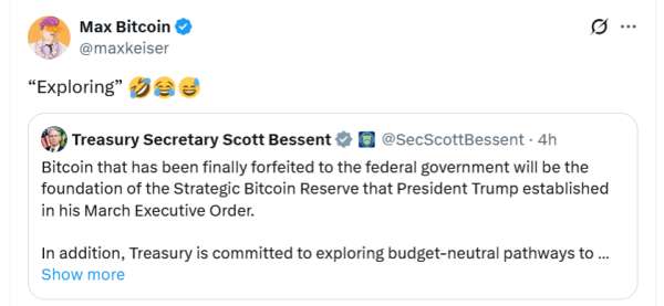 Казначейство США Бессент говорит, что с бюджетно-нейтральными Биткоин резерв все еще возможна Казначейство США Бессент говорит, что с бюджетно-нейтральными Биткоин резерв все еще возможна