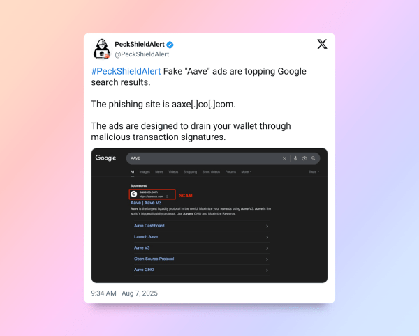 Пользователи AAVE, нацеленные на Google Ads Phishing Scam после 60 миллиардов долларов. Пользователи AAVE, нацеленные на Google Ads Phishing Scam после 60 миллиардов долларов.
