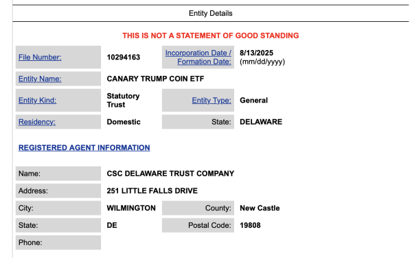 Canary Capital файлы для Trump Coin ETF в Делавэре Canary Capital файлы для Trump Coin ETF в Делавэре