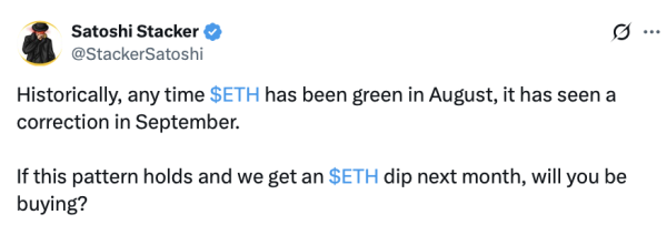Подъем Ether в августе может обратиться в сентябре: данные Подъем Ether в августе может обратиться в сентябре: данные