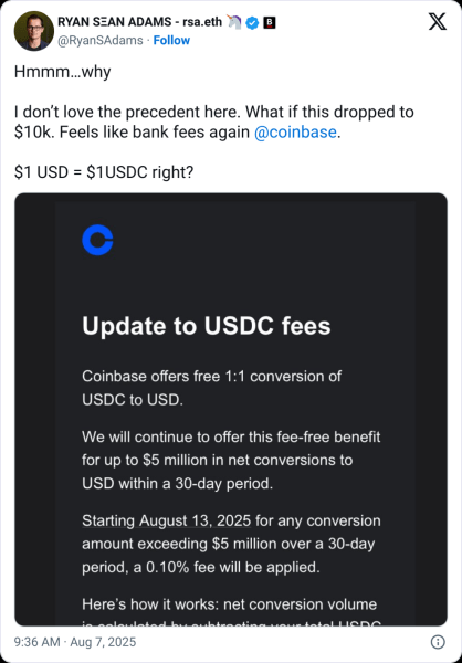 COINBASE, чтобы взимать плату на USDC, замены более 5 миллионов долларов США. COINBASE, чтобы взимать плату на USDC, замены более 5 миллионов долларов США.