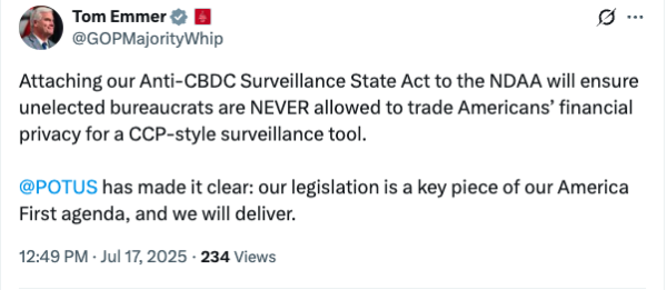 House вкладывает запрет CBDC в законопроект о защите от пассажи House вкладывает запрет CBDC в законопроект о защите от пассажи