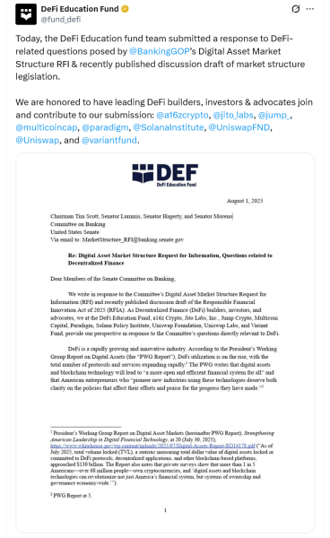 Фонд образования DEFI дает советы в Сенате по счету рынка криптовалют