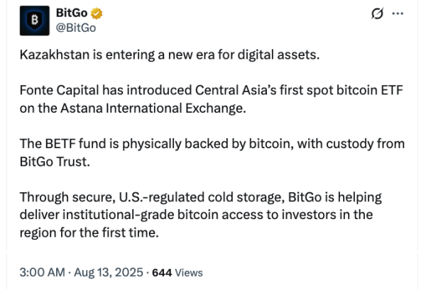 Bitgo поддерживает дебютное пятно в Центральной Азии ETF Bitgo поддерживает дебютное пятно в Центральной Азии ETF