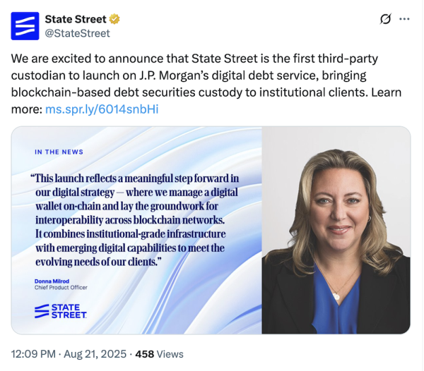 State Street и JP Morgan завершают первую транзакцию на платформе RWA долговой платформы State Street и JP Morgan завершают первую транзакцию на платформе RWA долговой платформы