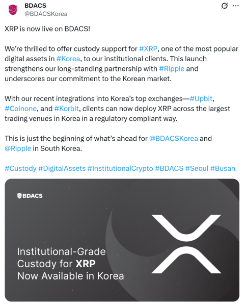 BDACS запускает институциональную хранение XRP в Корее через Ripple Partnership BDACS запускает институциональную хранение XRP в Корее через Ripple Partnership