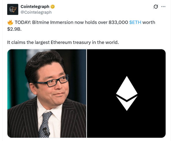 Bitmine’s Eth Holdings превышает 3 млрд долларов на последнюю покупку Bitmine’s Eth Holdings превышает 3 млрд долларов на последнюю покупку