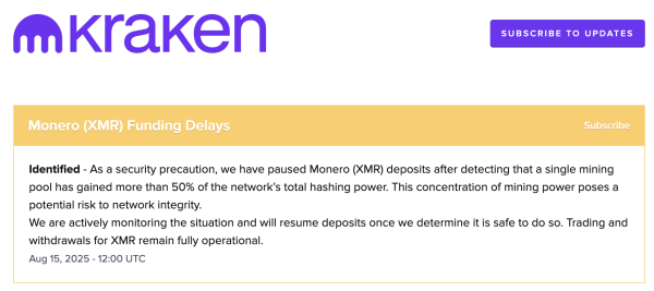 Кракен временно останавливает депозиты Monero после атаки в понедельник 51% Кракен временно останавливает депозиты Monero после атаки в понедельник 51%