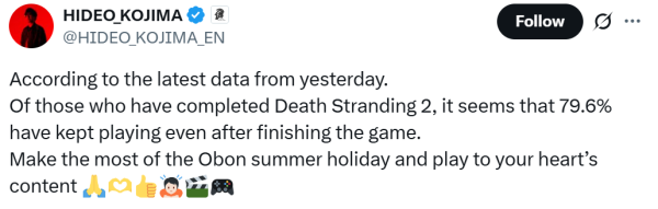 
                Размер важен. Хидэо Кодзима нашел повод для гордости — статистика Death Stranding 2 увеличилась на 0,1%
            