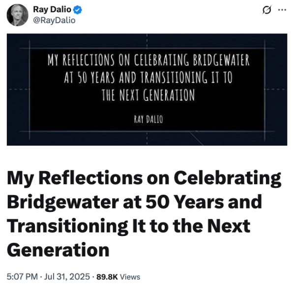 Рэй Далио выходит из Бриджуотера после предупреждения о долгах, поддерживая BTC Рэй Далио выходит из Бриджуотера после предупреждения о долгах, поддерживая BTC