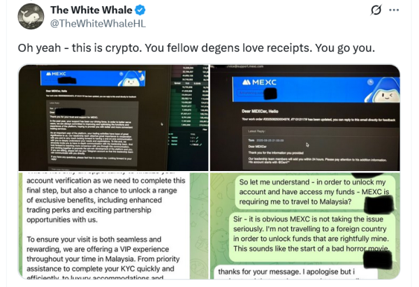 MEXC говорит трейдеру встретиться в Малайзии, чтобы сделать KYC, восстановить 3,1 миллиона долларов США. MEXC говорит трейдеру встретиться в Малайзии, чтобы сделать KYC, восстановить 3,1 миллиона долларов США.