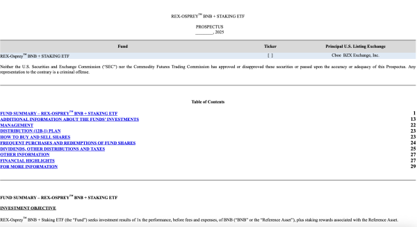 Files Rex-Osprey для Bnb Staking ETF с нами SEC Files Rex-Osprey для Bnb Staking ETF с нами SEC