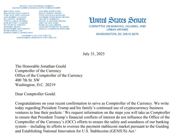 Уоррен ставит под сомнение регулятор криптовалюты в конфликтах семьи Трампа