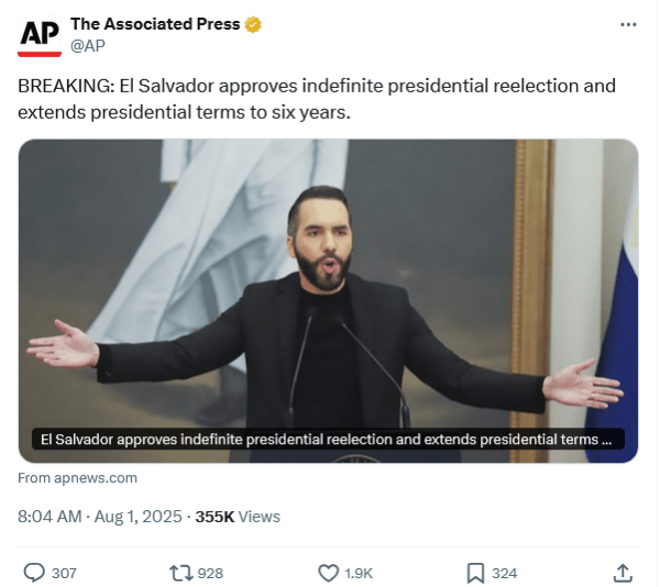 Сальвадор теперь разрешает неопределенную президентскую переизбрание. Сальвадор теперь разрешает неопределенную президентскую переизбрание.