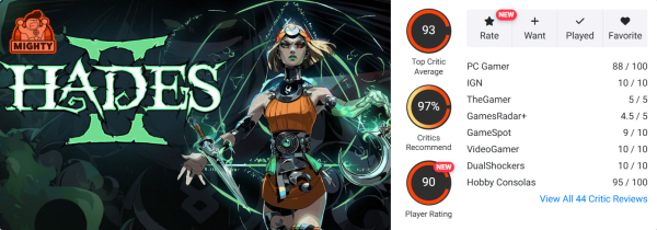 Что, опять GOTY? Hades 2 получила 93 балла от СМИ и претендует на звание игры года
             
                Что, опять GOTY? Hades 2 получила 93 балла от СМИ и претендует на звание игры года
