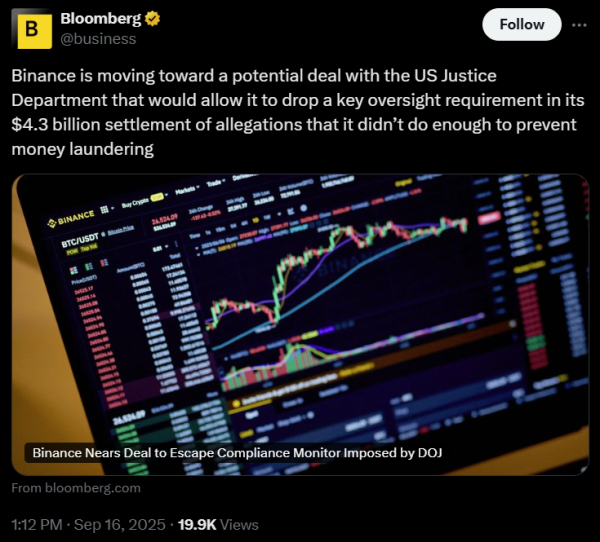 Binance может избежать монитора соответствия DOJ в сделке с урегулированием в 4,3 млрд. Долл. США. Binance может избежать монитора соответствия DOJ в сделке с урегулированием в 4,3 млрд. Долл. США.