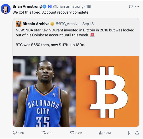 Кевин Дюрант восстанавливает потерянный биткоин после почти 10 лет на Coinbase Кевин Дюрант восстанавливает потерянный биткоин после почти 10 лет на Coinbase