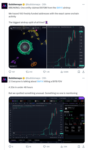 Myx AirDrop сталкивается с претензиями на атаку Sybil в 170 миллионов долларов, так как Bubblemaps поднимает красные флаги Myx AirDrop сталкивается с претензиями на атаку Sybil в 170 миллионов долларов, так как Bubblemaps поднимает красные флаги