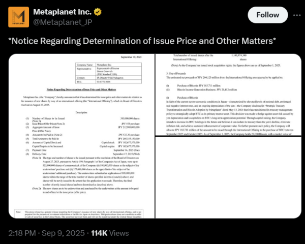 Metaplanet планирует собрать 1,44 млрд. Долл. США в новом предложении акций для Биткоин Metaplanet планирует собрать 1,44 млрд. Долл. США в новом предложении акций для Биткоин