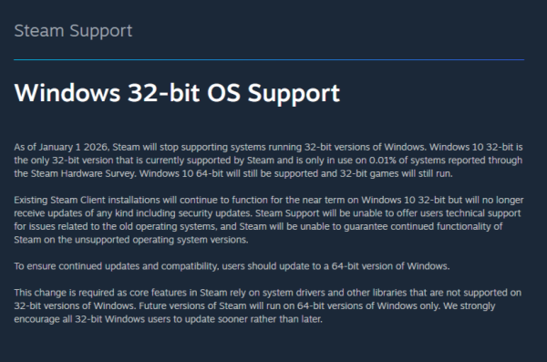 Steam скоро прекратит поддержку 32-битных версий Windows
             
                Steam скоро прекратит поддержку 32-битных версий Windows