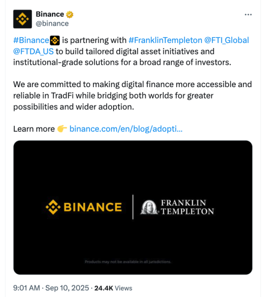 Binance и Franklin Templeton сотрудничают в токенизации Binance и Franklin Templeton сотрудничают в токенизации