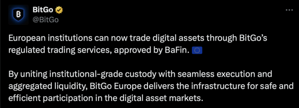 Bitgo обеспечивает расширение лицензий MICA, может предложить торговлю в Европе Bitgo обеспечивает расширение лицензий MICA, может предложить торговлю в Европе