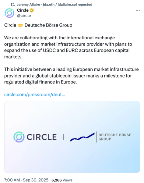 Circle и Deutsche Börse объединится на стаблеки в Европе Circle и Deutsche Börse объединится на стаблеки в Европе