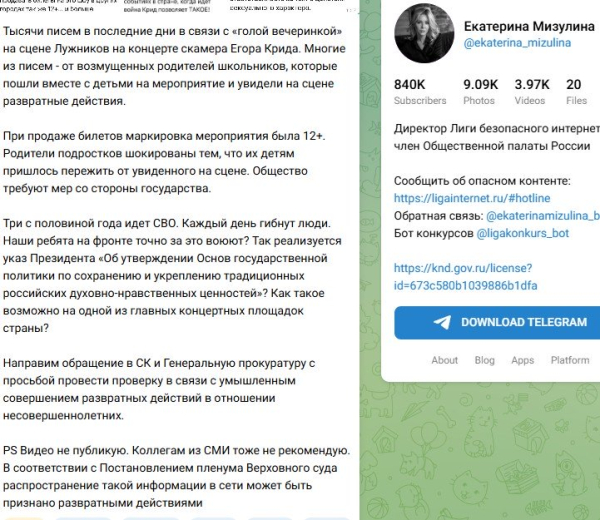 Екатерина Мизулина призвала прокуратуру проверить Егора Крида Екатерина Мизулина призвала прокуратуру проверить Егора Крида