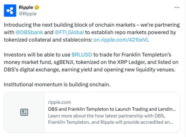 DBS, Franklin, Ripple Launch Tokeniced Lending на xrp Ledger DBS, Franklin, Ripple Launch Tokeniced Lending на xrp Ledger
