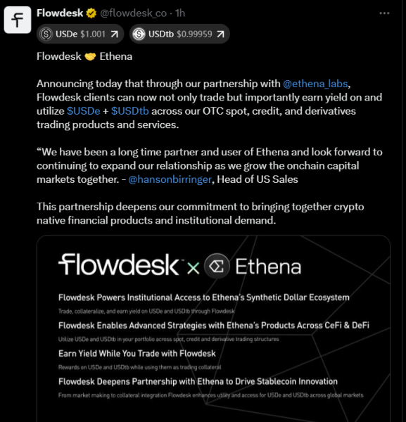 Ethena сотрудничает с Flowdesk, когда USDE выходит за 14 миллиардов долларов. Ethena сотрудничает с Flowdesk, когда USDE выходит за 14 миллиардов долларов.