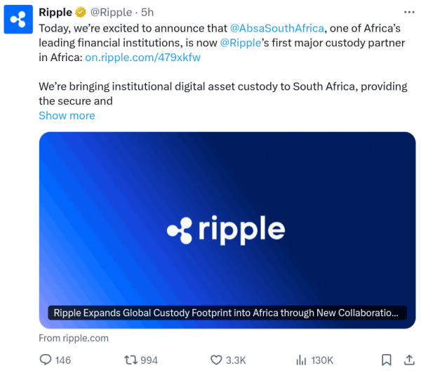 Южноафриканский банк Absa использует Ripple для хранения криптовалюты Южноафриканский банк Absa использует Ripple для хранения криптовалюты
