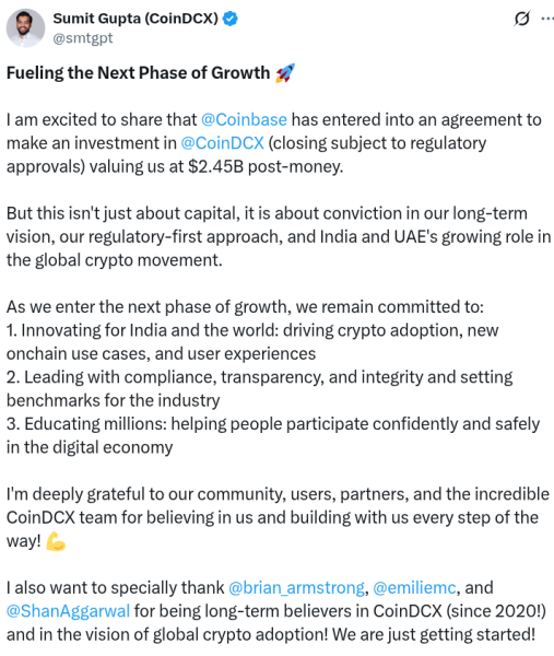 Coinbase поддерживает индийскую CoinDCX с оценкой в 2,45 миллиарда долларов Coinbase поддерживает индийскую CoinDCX с оценкой в 2,45 миллиарда долларов