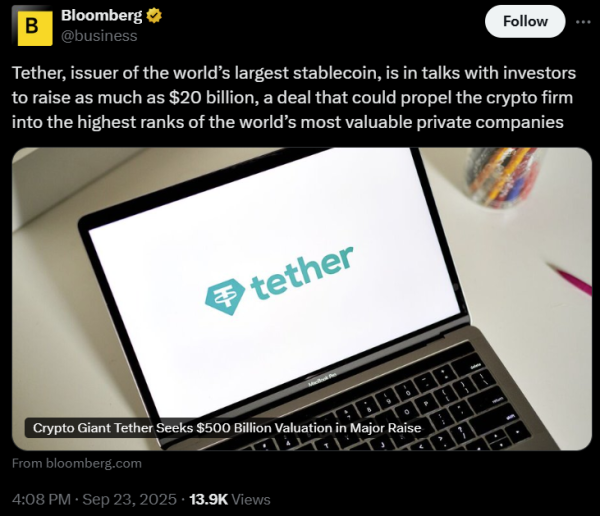 Сообщается, что Tether Esse Arse $20 млрд. Долл. США в размере 500 млрд долларов. Сообщается, что Tether Esse Arse $20 млрд. Долл. США в размере 500 млрд долларов.