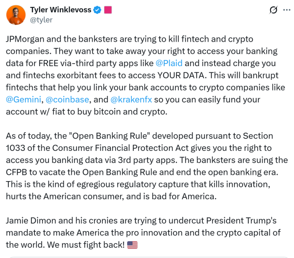 Тайлер Винкльвосс: JPMorgan заблокировал Близнецы после моей критики Тайлер Винкльвосс: JPMorgan заблокировал Близнецы после моей критики