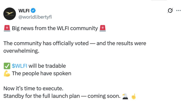 WLFI Token Tradability утвержден 99 процентами владельцев WLFI Token Tradability утвержден 99 процентами владельцев